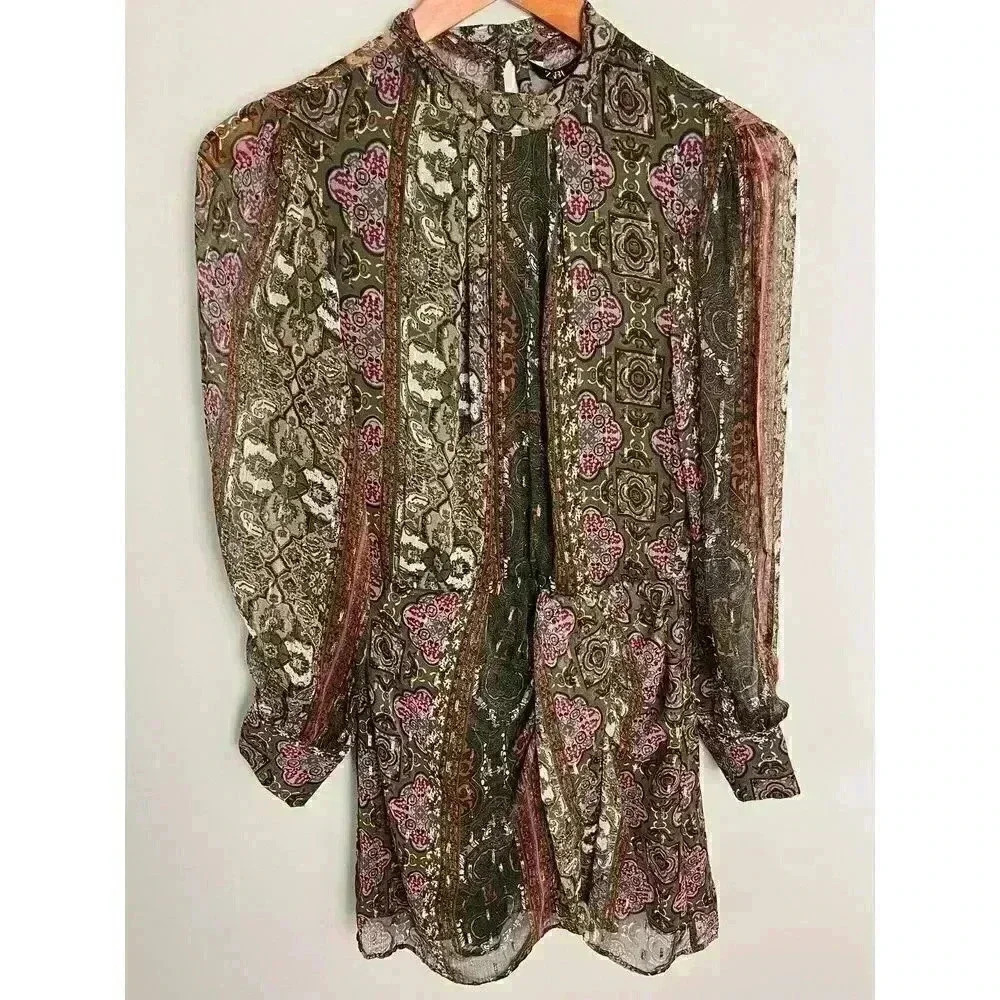 Zara NWT Midi Paisley Metallic Sheer Dress Gold Brown Shimmery Lined Size S